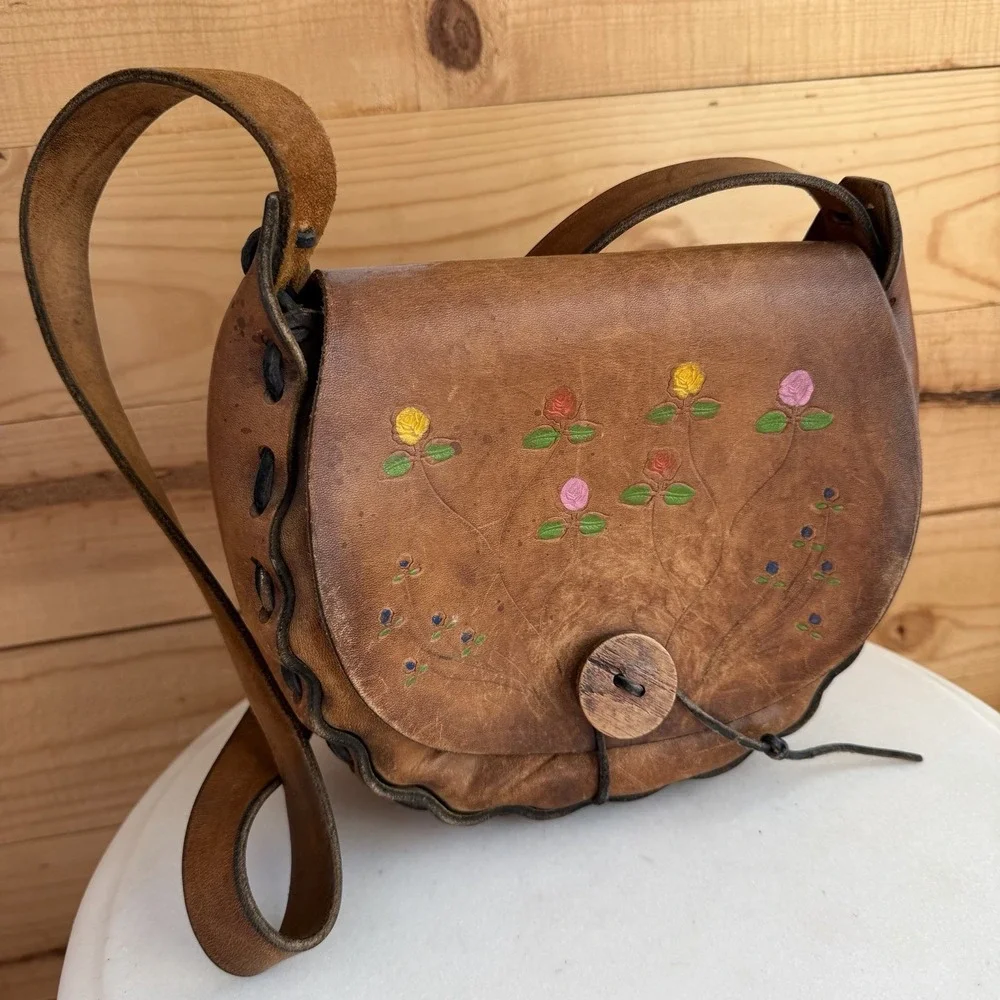 VTG 60's Hand Made Hippie Leather Shoulder Bag Purse Floral Embossed Boho *Flaws